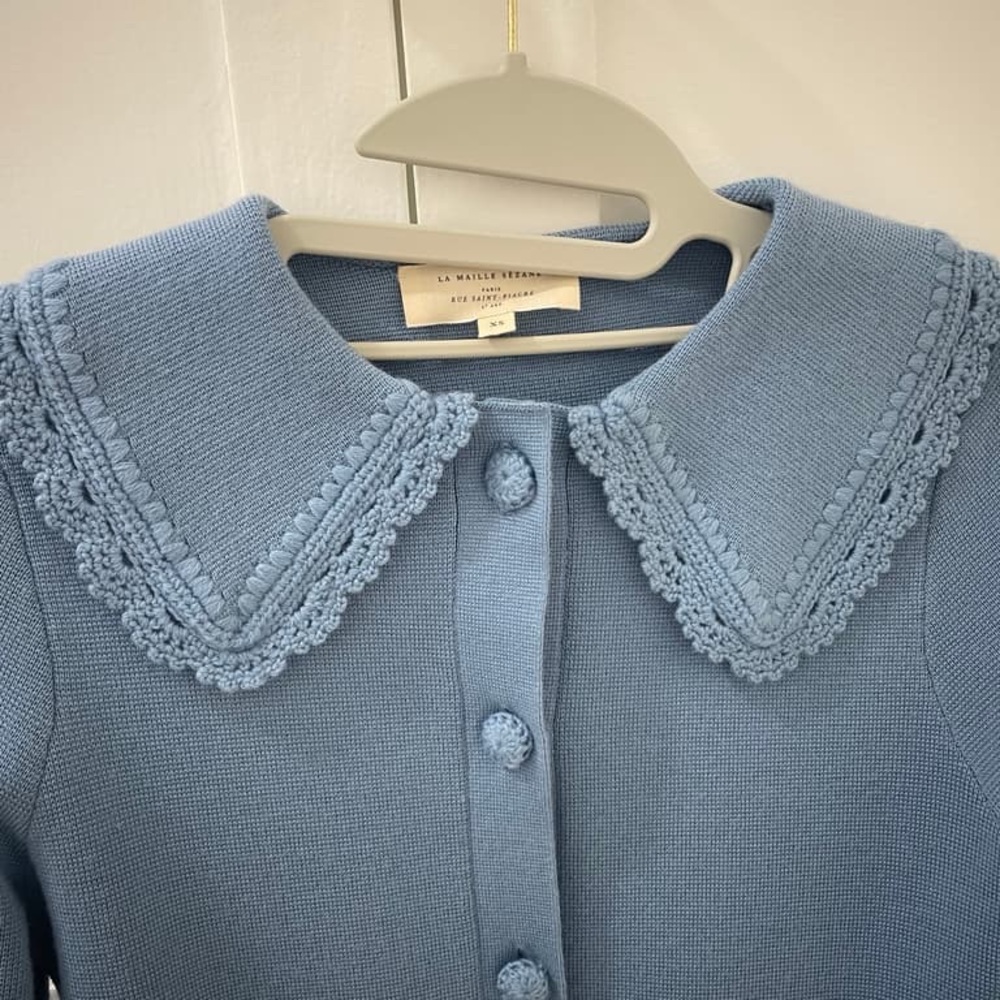 Sezane Blue Cardigan with Crochet Collar - Picture 5 of 6